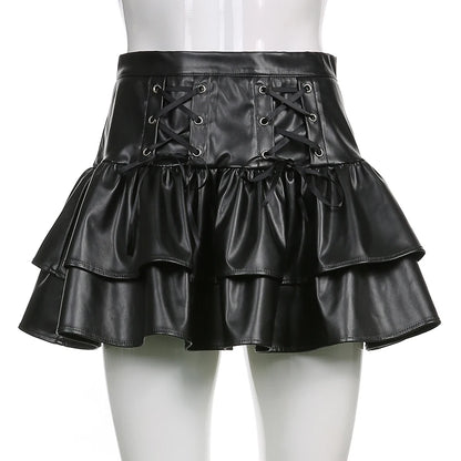 Pu Leather Mini Skirts Punk High Waist Lace Up Bandage Black Pleated