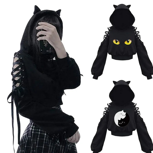 Women's Gothic Hoodie - Long Sleeve, Kawaii Cat Ears, Bandage Style