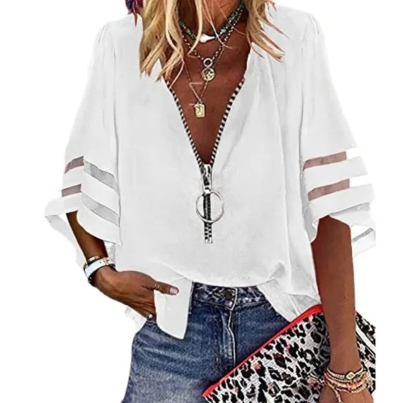 Casual Women's Shirt Top 2023 Summer Sexy V-Neck Zipper 3/4 Flare Sleeve Solid Color Patched Loose Blouse Women Clothing S-XXL