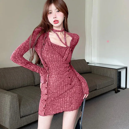 Women Long Sleeve Tight Dress Split Short Slim Fit Dress Lady Autumn Hanging Neck Dress Sexy Party Halter Elastic Bodycon Dress