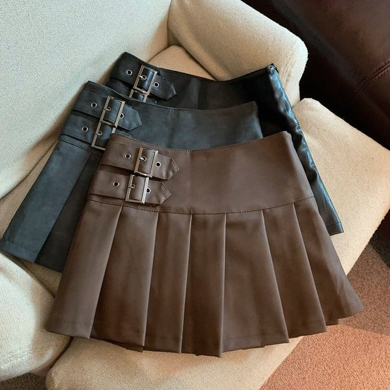 Leather Mini Skirt Women's High Waist Pleated Streetwear Black