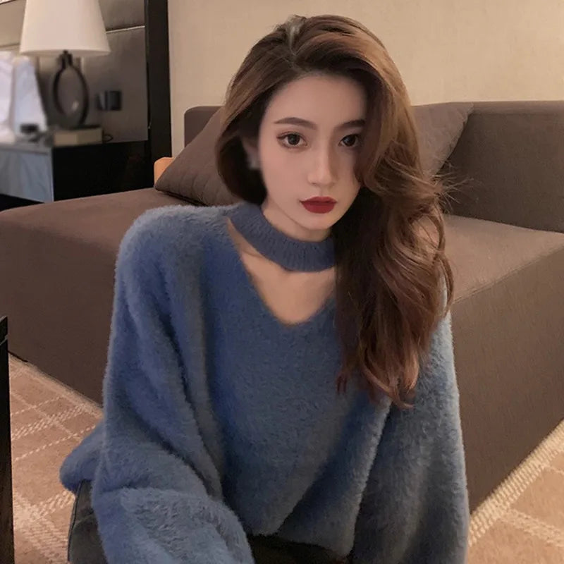 Women Sweater Hanging Neck Imitated Mink Fur Loose Soft Pullover  Autumn Winter Stay Warm Leisure Top Solid Color