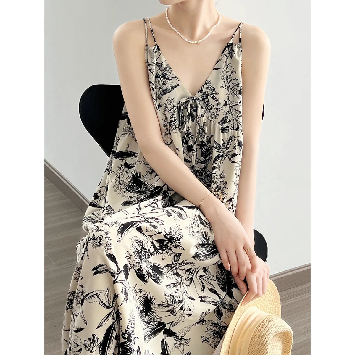 Women's Ink Print V Neck Halter Long Floral Dress Sleeveless