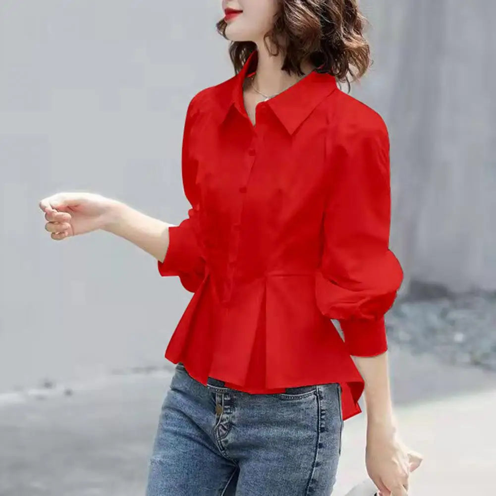 Lady Shirt Spring Fall Blouse Big Hem OL Style Solid Color Women Office Shirt Collar Commute Lady Office Shirt Women Garment