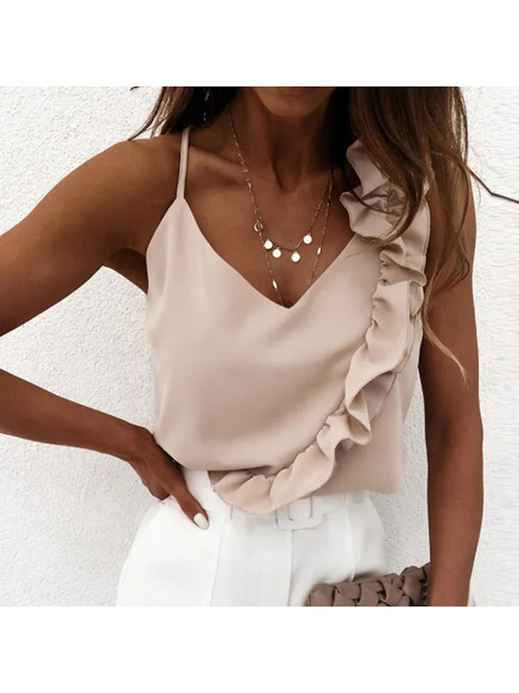 Women Summer Blouse Shirts Sexy V Neck Ruffle Blouses Backless Spaghetti Strap Office Ladies Sleeveless Casual Tops