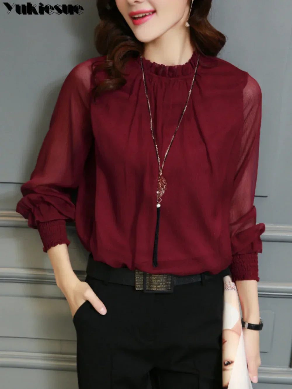 Spring Summer Elegant blouse women Korean Chiffon Shirt Women Long Sleeve Ruffled Women's shirts and blouses Office Lady Tops