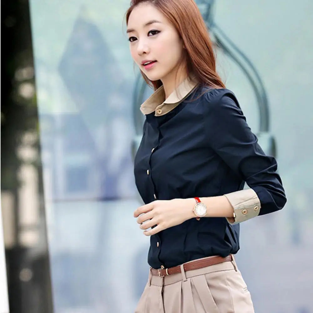 Women Shirts Office Long Sleeve Solid Color Turn Down Collar Waist Tight Shirt Buttons Blouse Top chemise femme рубашка женская