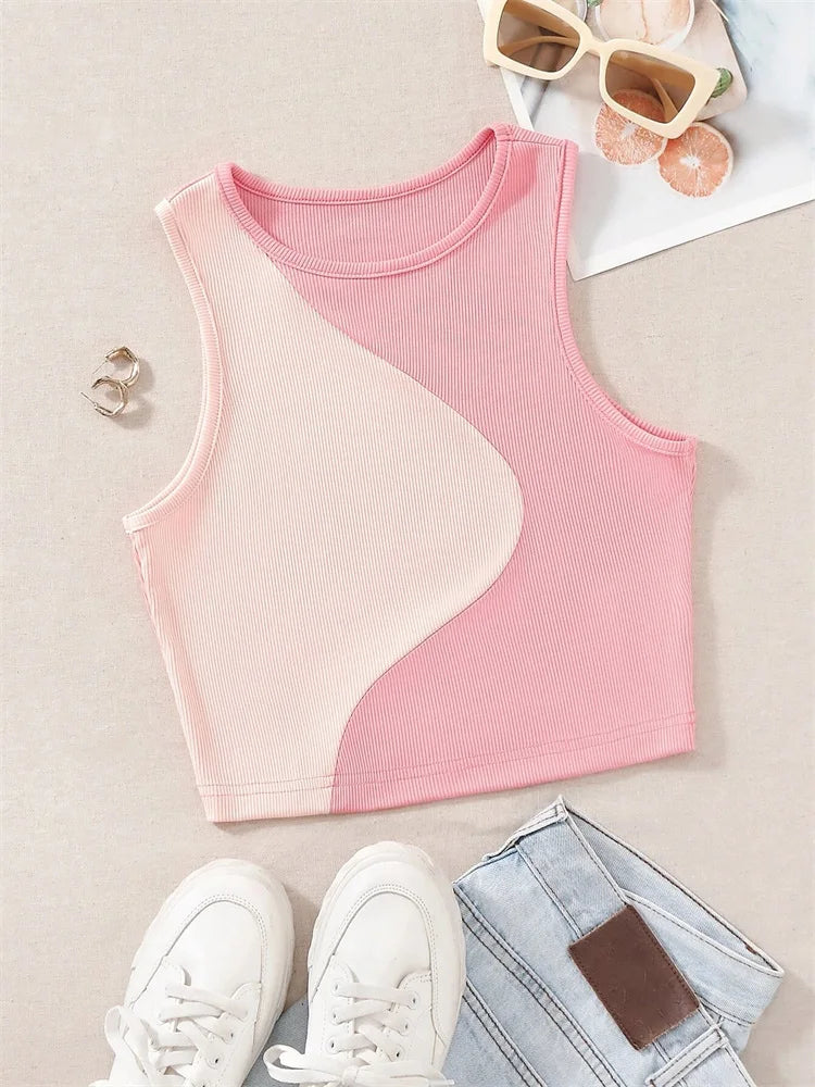 Women's Ribbed Knit Pink Tank Top O-neck Sleeveless Cute Baby Tee Y2K Clothes Summer Patchwork Color Block Crop Top T Shirt