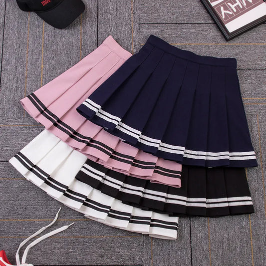 High Waist Women's Skirts Striped Pleated Elastic Waist Mini