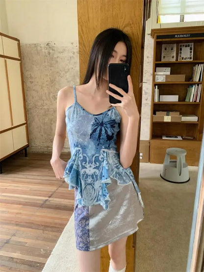 Yedinas Streetwear Blue Camisole Women Halter Tops Summer Korean Fashion Print Irregular Sleeveless Tank Tops 2000s Camis Y2k