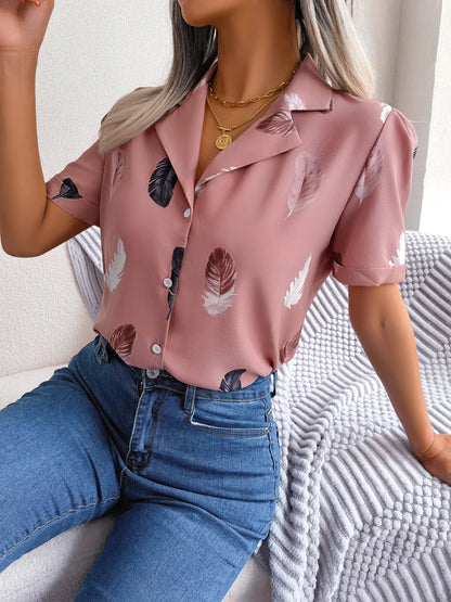 Women Casual Notched Short Sleeve Print Shirt