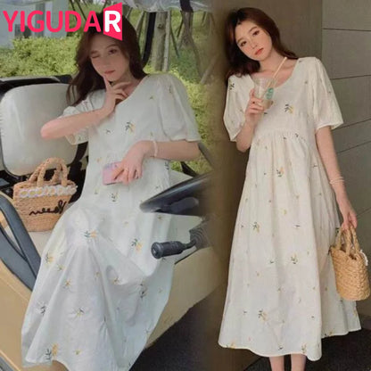 Pregnancy Dress Bowknot Bubble Sleeves Chiffon Small Flower Printing Maternity Clothing