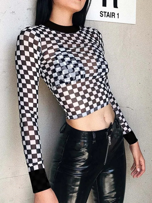 Sexy black white plaid checkerboard t-shirts for women Hollow out slim top female t-shirt long sleeve tee shirts