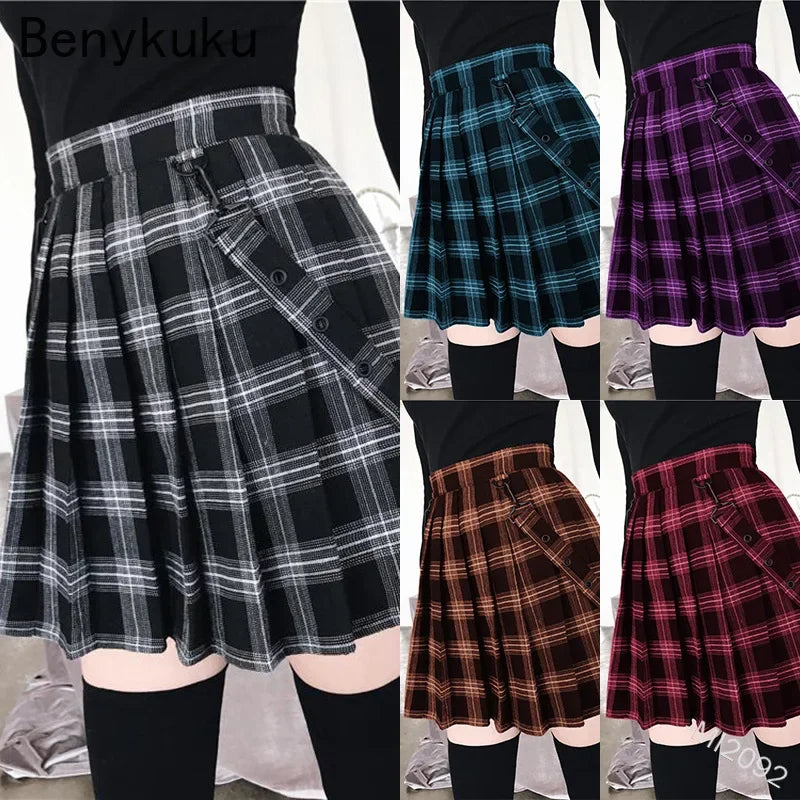 Plaid Vintage Pleated Skirts Women's High Waist Gothic Punk Mini