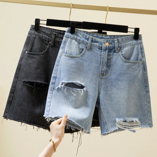 Summer Women's Denim Shorts Ripped Loose Straight Half Streetwear