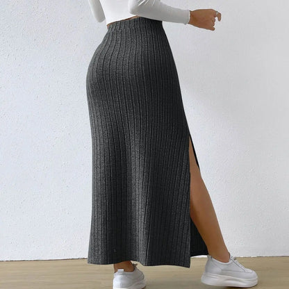 Spring Autumn Casual Women's High Waist Skirt Sexy Knitted Side Slit Elegant Office