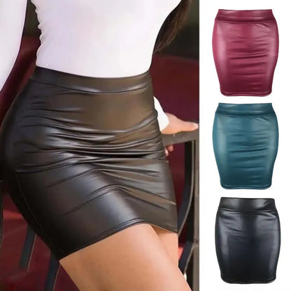 Skinny Matte Faux Leather Mini Skirts Women's High Waist Solid Color Slim Bodycon