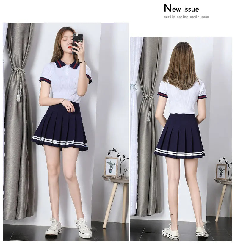 High Waist Women's Skirts Striped Pleated Elastic Waist Mini