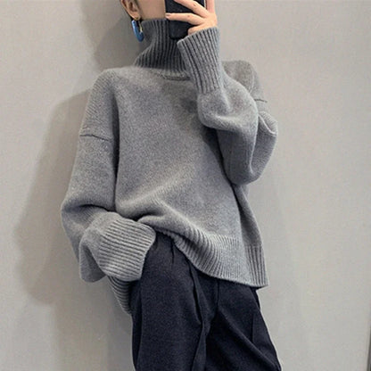 Women's Turtleneck Long Sleeve Sweater Oversize Pullovers Top Female Autumn Solid Gray Khaki Knitted Sweaters for Women Knitwear