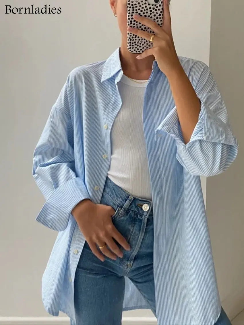 Bornladies Chic Striped Women Shirt Loose Cotton Shirts Tops Ladies Casual Lapel Oversized Lace Up Blouse Women Tops All Season