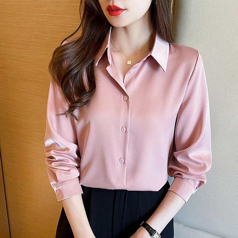 Fashion elegant satin shirts solid color ladies shirts causal Women's Blouses Spring Long Sleeve Shirts Tops Blusas Mujer