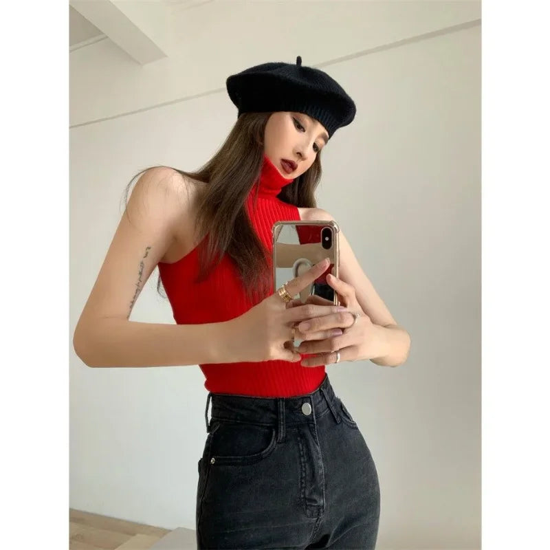 PTKPCC New Turtleneck Y2K Pullovers Tops Black Off Shoulder Tank Tops Women Knitted Tees Hot Skinny Round Neck Solid Cloth