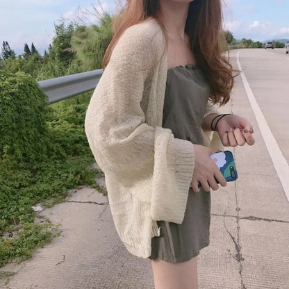 Summer Knitted Cardigan Cardigan lazy loose Hollow soild color long-sleeved air-conditioned shirt Cropped Sweter Cardigan