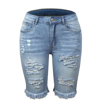 Ripped Jeans Summer Street Tassel Elastic Skinny Mid Waist