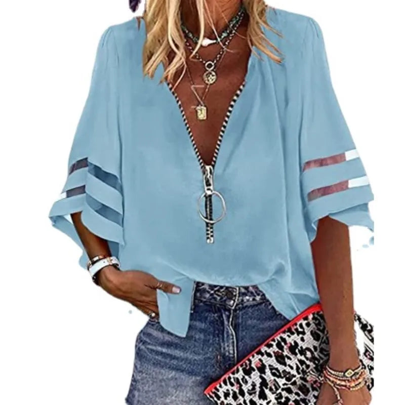 Casual Women's Shirt Top 2023 Summer Sexy V-Neck Zipper 3/4 Flare Sleeve Solid Color Patched Loose Blouse Women Clothing S-XXL