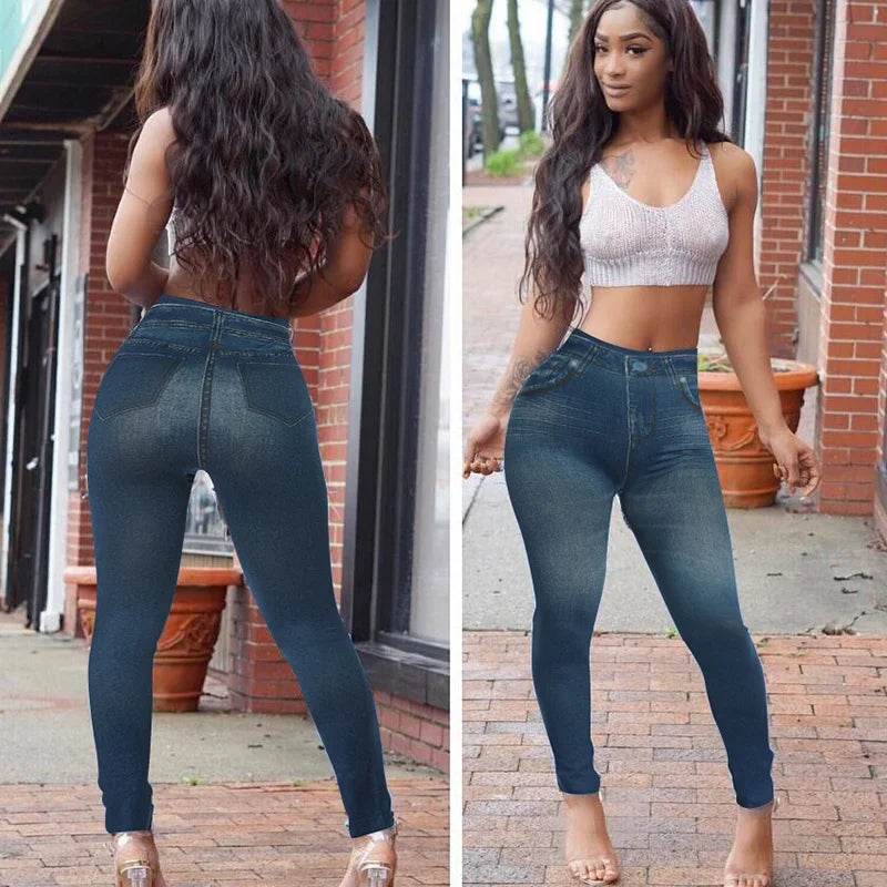 Women's Summer Stretchy Leggings Fashion Faux Denim Pocket Leggings